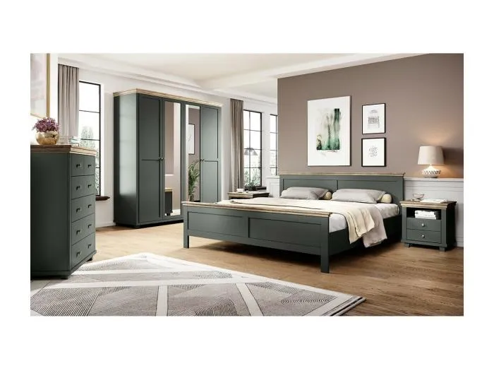 Schlafzimmer ASSIA: Schrank 200 cm, Bett 180x200, Kommode, Nachttische. Farbe Khakigrün und Eiche.
