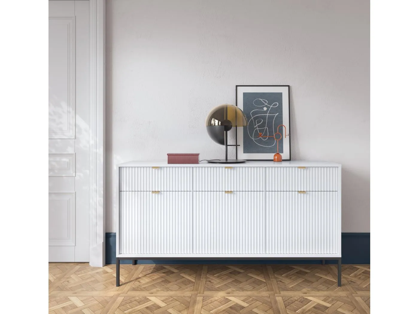 Sideboard Kommode 3-türig mit 3 Schubladen - 154 cm - Weiß mit geriffelten Fronten - VELLORE