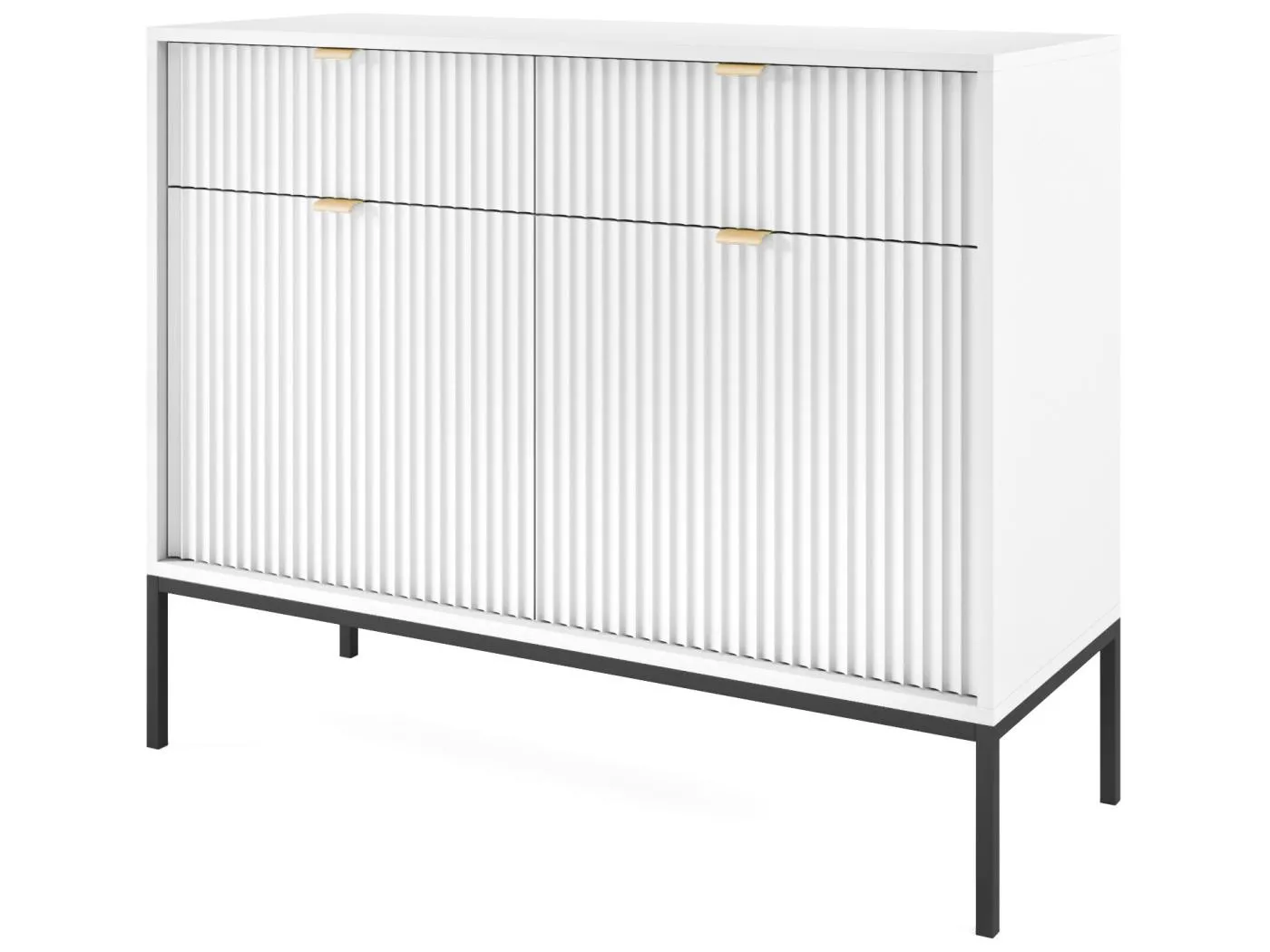 Sideboard Kommode 2-türig mit 2 Schubladen - 104 cm - Weiß mit geriffelten Fronten - VELLORE