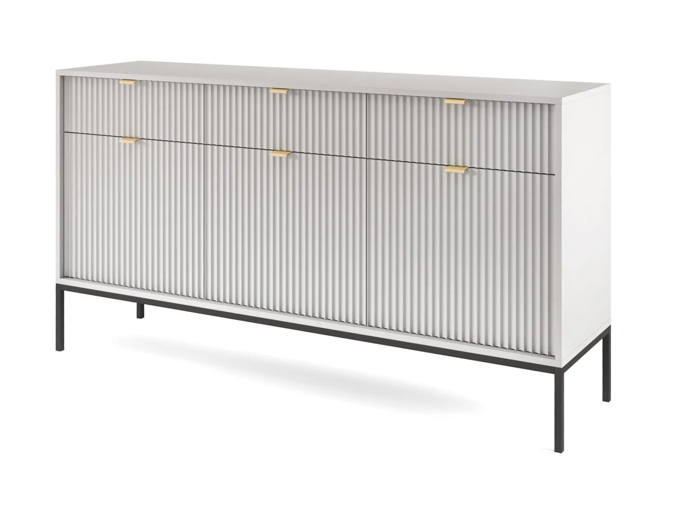 Sideboard Kommode 3-türig mit 3 Schubladen - 154 cm - Grau mit geriffelten Fronten - VELLORE