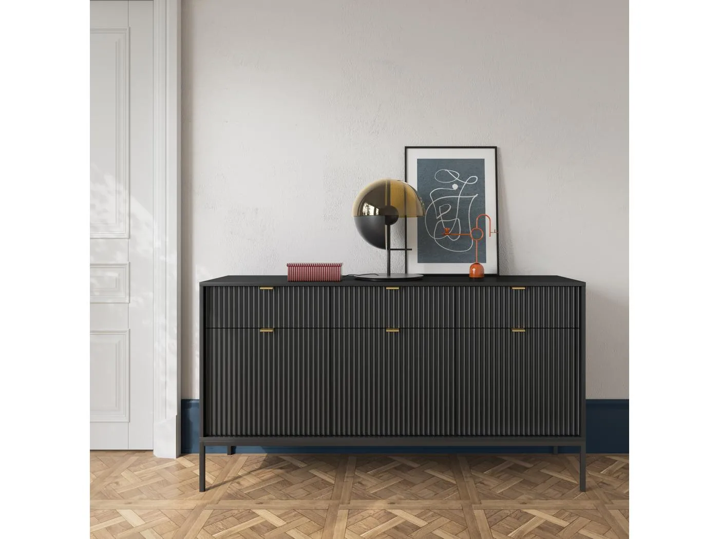Sideboard Kommode 3-türig mit 3 Schubladen - 154 cm - Schwarz mit geriffelten Fronten - VELLORE