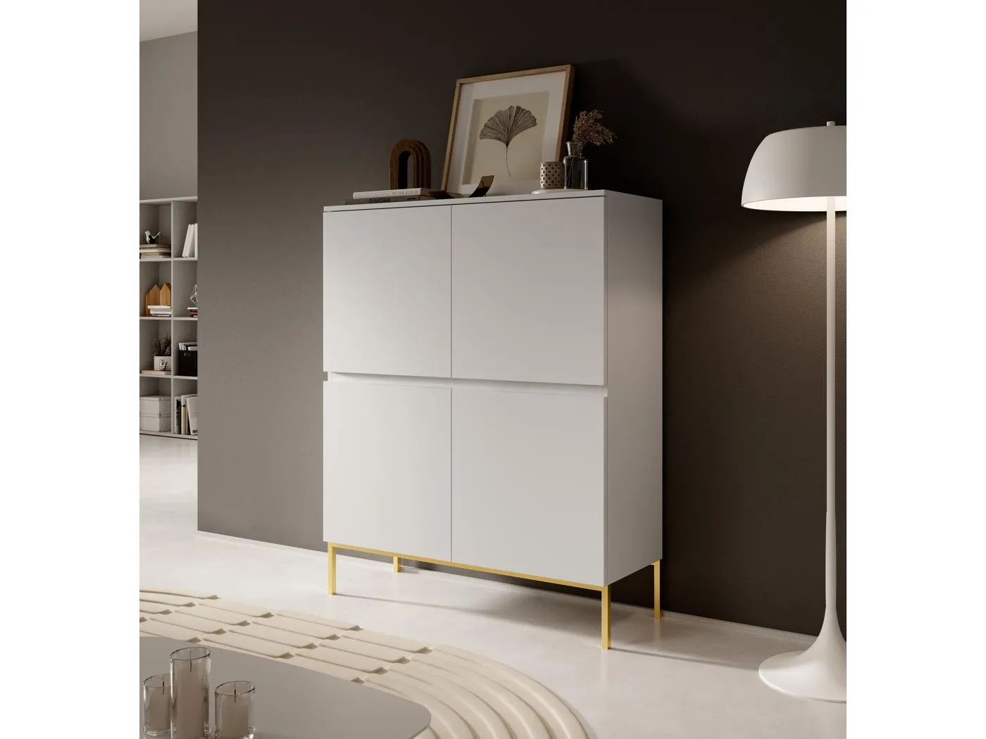 Highboard 4-türig - 100 cm - Weiß mit goldenen Metallfüßen - BEMMI
