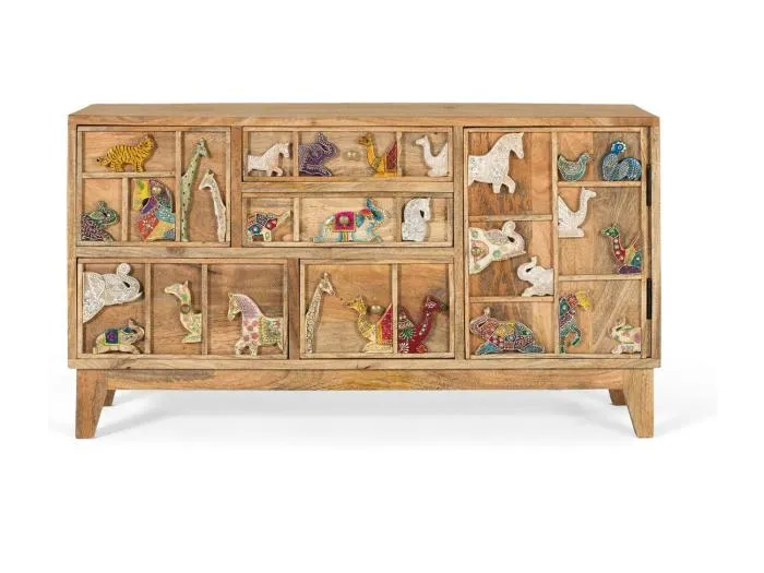 Kommode mit 5 Schubladen, handgeschnitzt aus Mangoholz