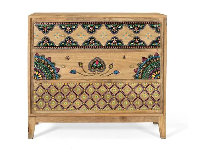 Kommode aus massivem Mangoholz mit handbemalten Details