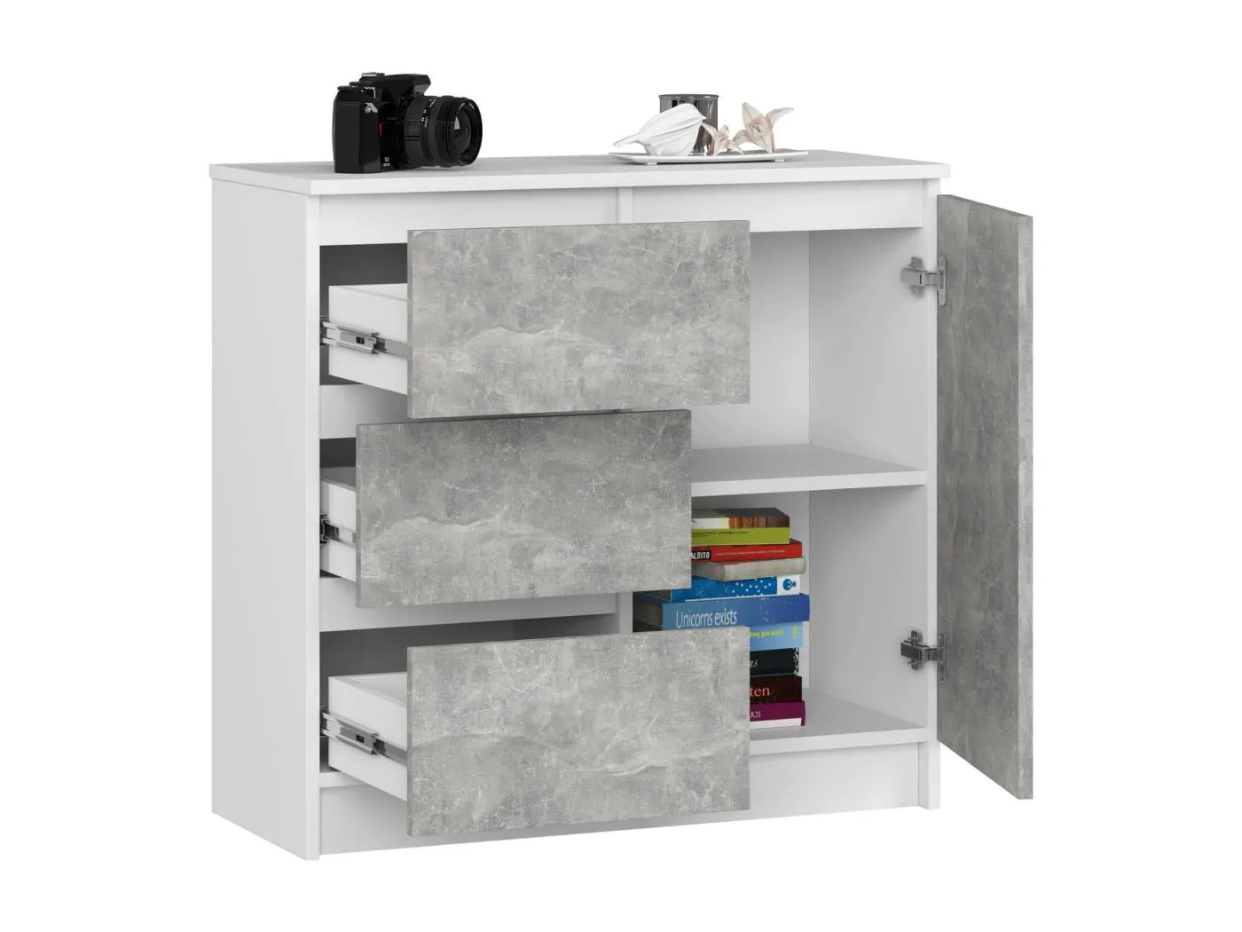 Kommode AKORD JERRY Weiß 80 cm Tür 3 Schubladen 2 Ebenen Front Beton B80 x H77 x T35 cm