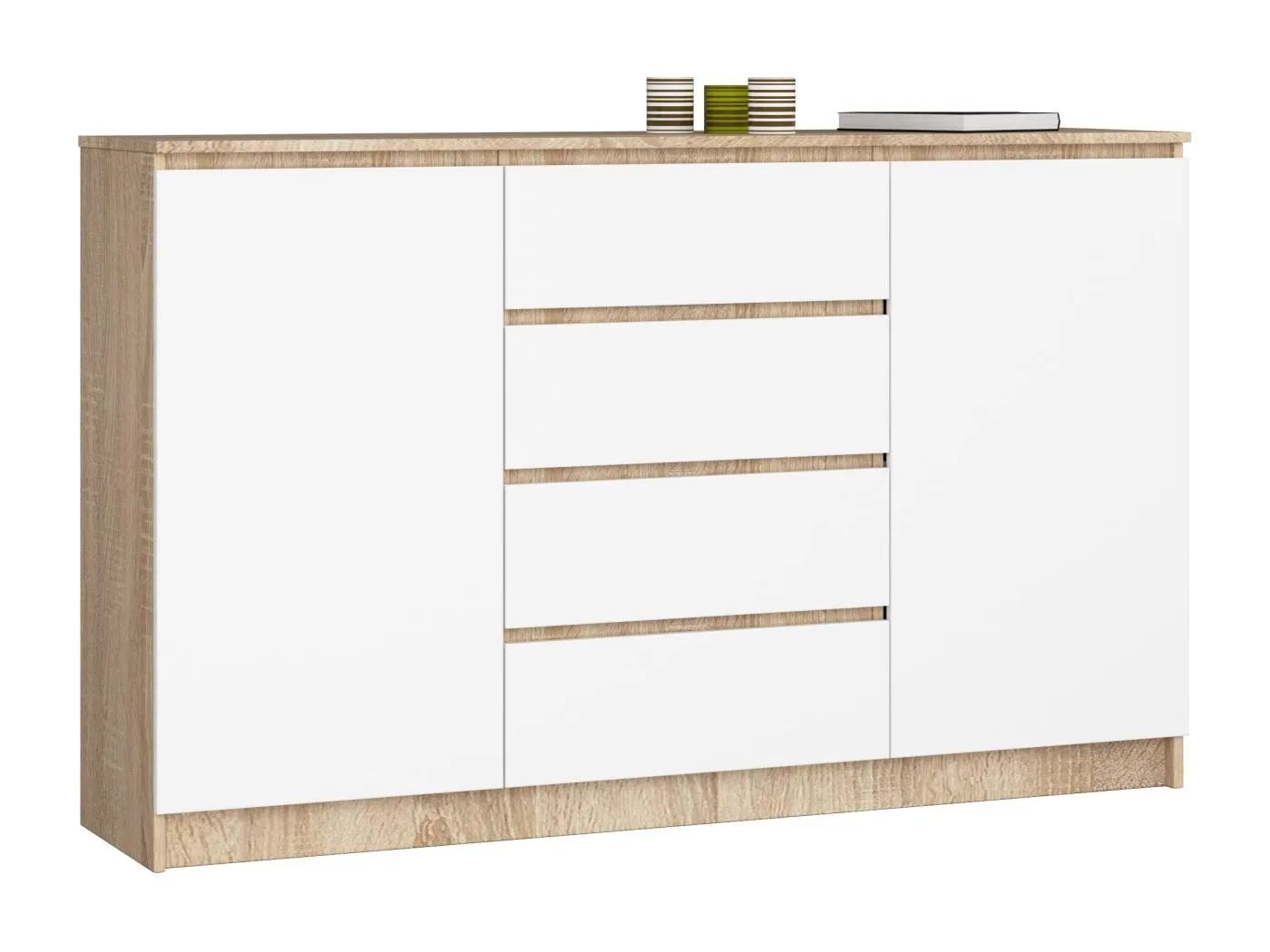 Kommode AKORD K160 Sonoma-Eiche 160 cm 2 Türen 4 Schubladen 4 Ebenen Front Weiß B160 x H99 x T40 cm