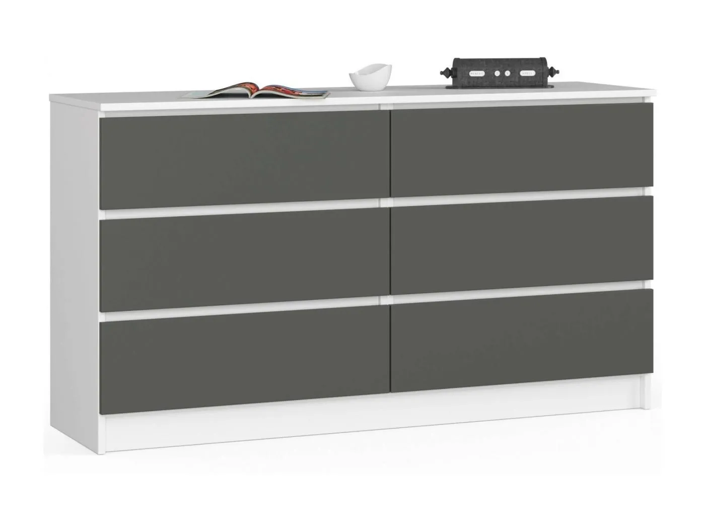 Kommode AKORD K140 Weiß 138 cm 6 Schubladen Front Graphitgrau B138 x H77 x T40 cm