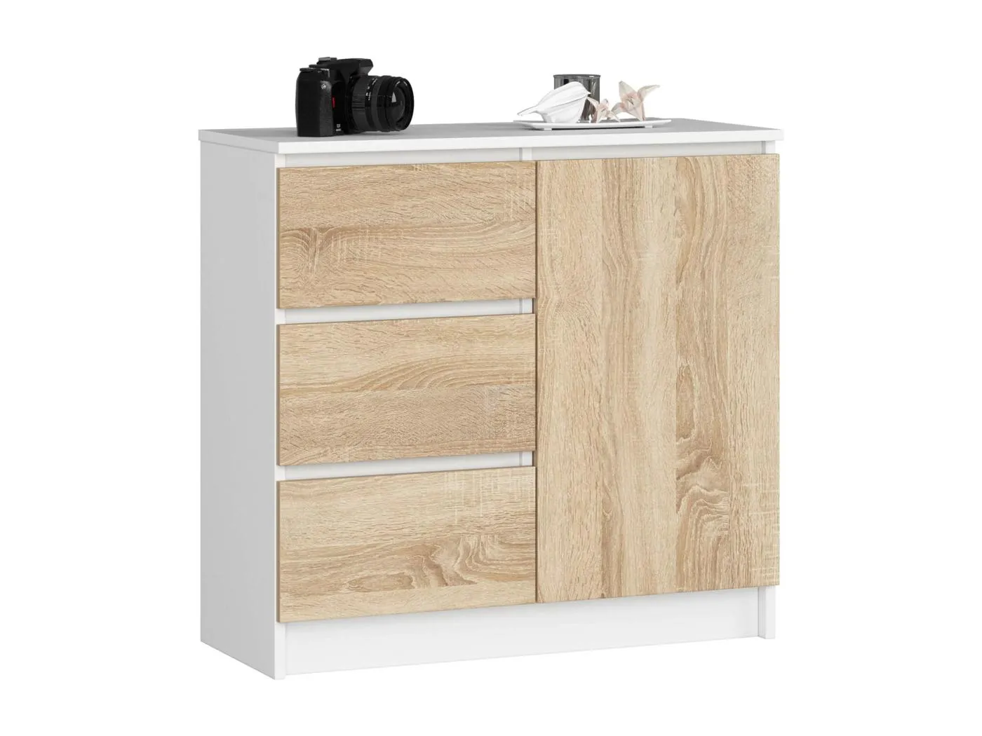 Kommode AKORD JERRY Weiß 80 cm Tür 3 Schubladen 2 Ebenen Front Sonoma-Eiche B80 x H77 x T35 cm