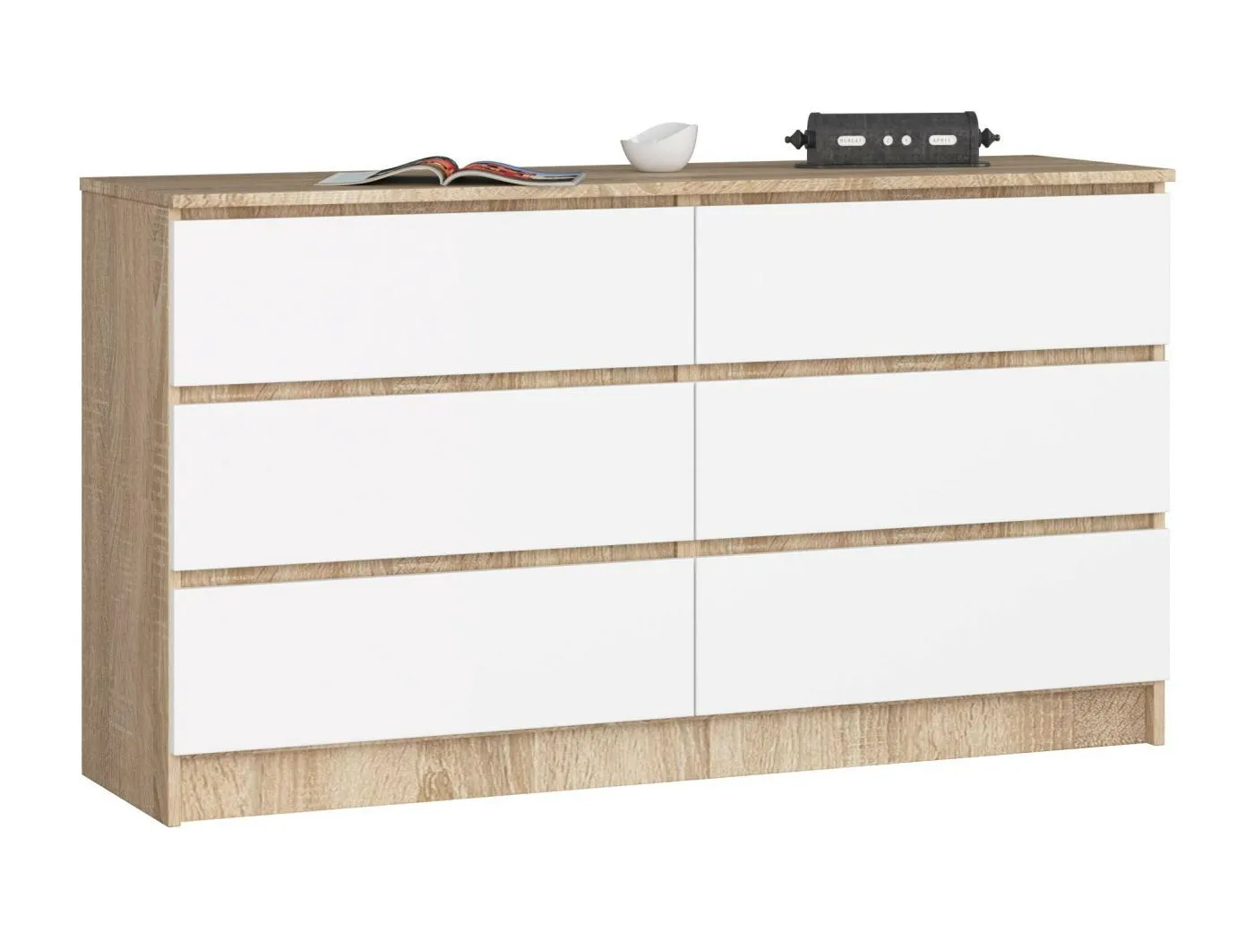 Kommode AKORD K140 Sonoma-Eiche 138 cm 6 Schubladen Front Weiß B138 x H77 x T40 cm