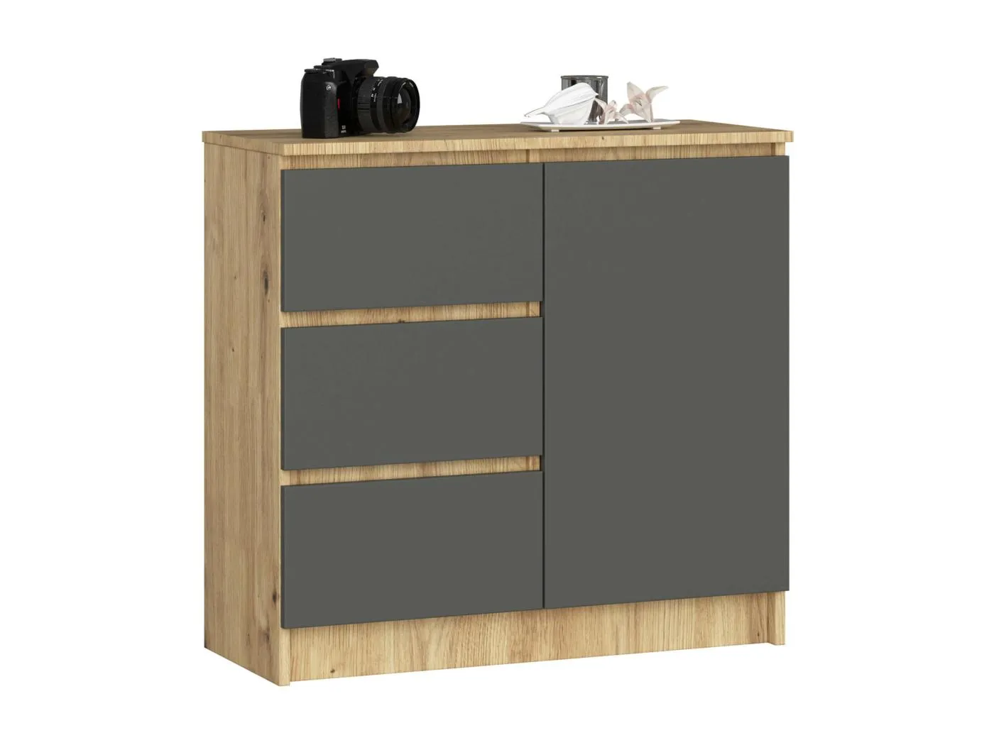 Kommode AKORD JERRY Eiche Artisan 80 cm Tür 3 Schubladen 2 Ebenen Front Graphitgrau B80 x H77 x T35 cm