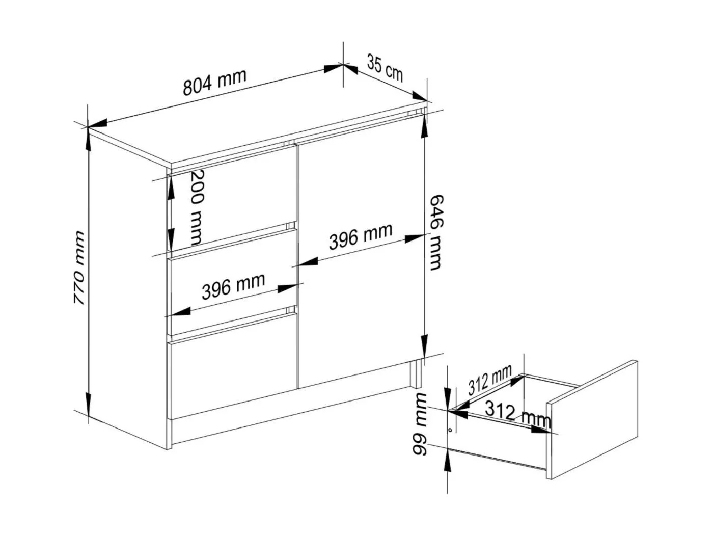 Kommode AKORD JERRY Weiß 80 cm Tür 3 Schubladen 2 Ebenen Front Graphitgrau B80 x H77 x T35 cm