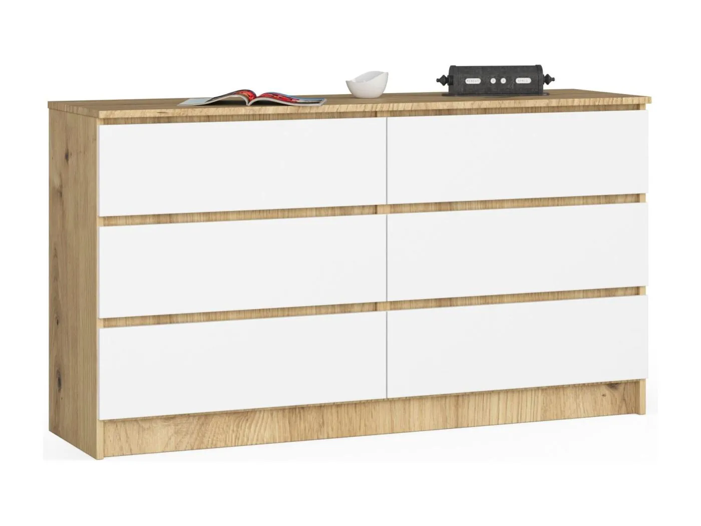 Kommode AKORD K140 Eiche Artisan 138 cm 6 Schubladen Front Weiß B138 x H77 x T40 cm