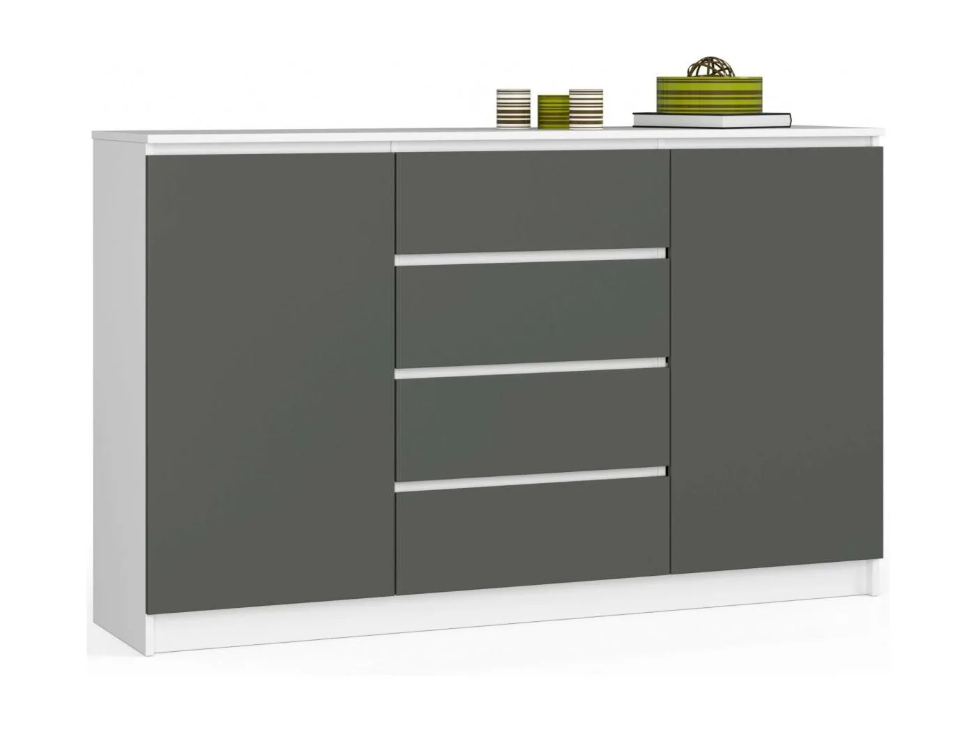 Kommode AKORD K160 Weiß 160 cm 2 Türen 4 Schubladen 4 Ebenen Front Graphitgrau B160 x H99 x T40 cm