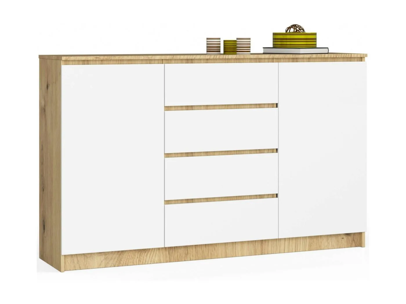 Kommode AKORD K160 Eiche Artisan 160 cm 2 Türen 4 Schubladen 4 Ebenen Front Weiß B160 x H99 x T40 cm