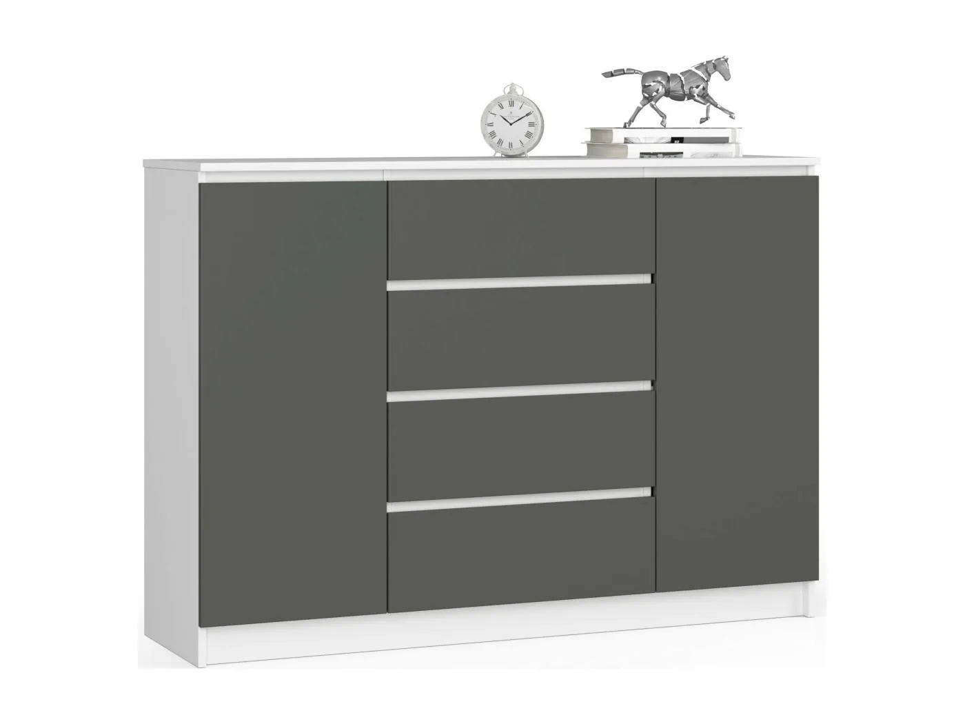 Kommode AKORD K140 Weiß 138 cm 2 Türen 4 Schubladen 4 Ebenen Front Graphitgrau B138 x H99 x T40 cm