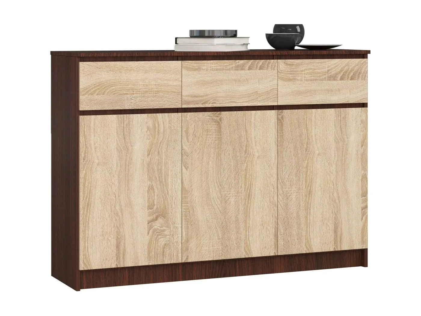 Kommode AKORD K140 Wenge 138 cm 3 Türen 3 Schubladen 6 Ebenen Front Sonoma-Eiche B138 x H99 x T40 cm