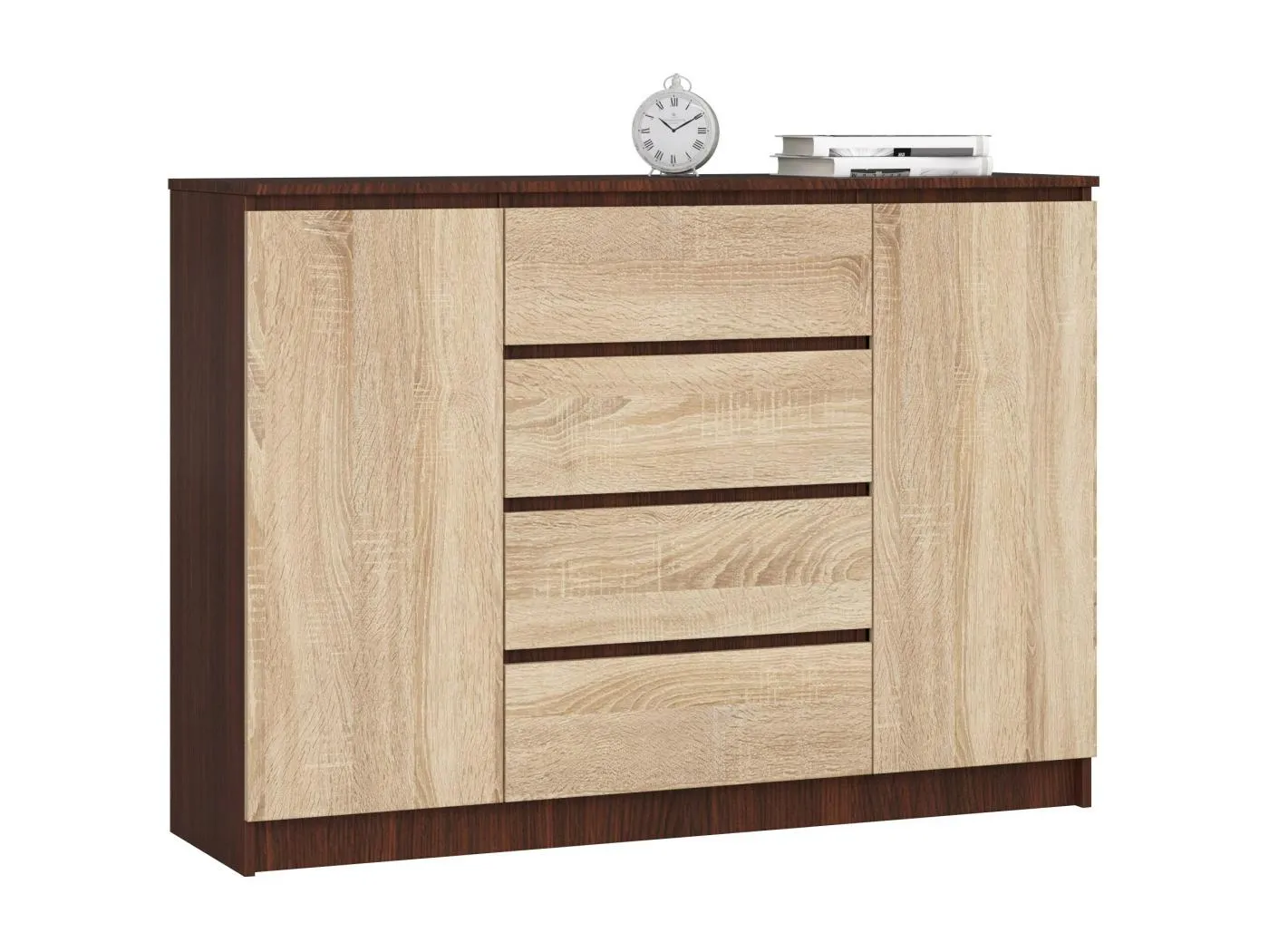 Kommode AKORD K140 Wenge 138 cm 2 Türen 4 Schubladen 4 Ebenen Front Sonoma-Eiche B138 x H99 x T40 cm