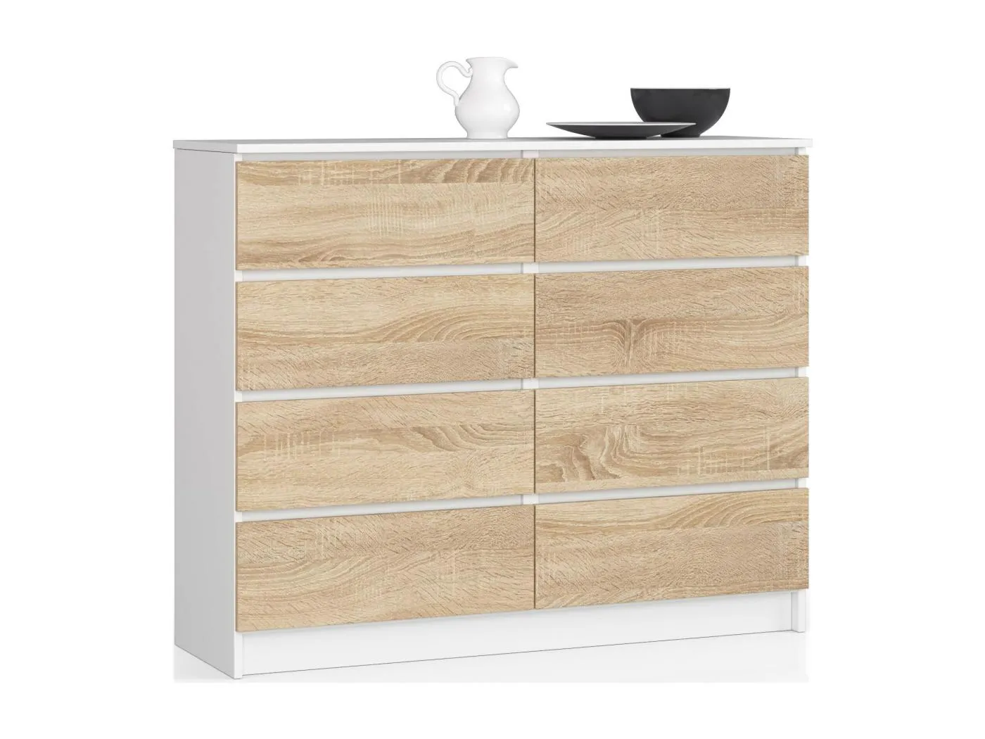 Kommode AKORD K120 Weiß 120 cm 8 Schubladen Front Sonoma-Eiche B120 x H99 x T40 cm