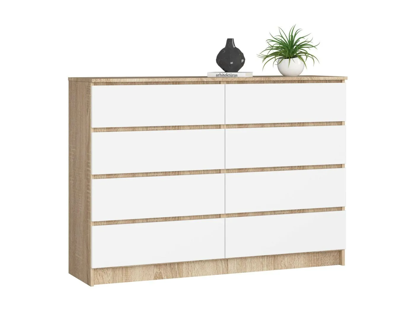 Kommode AKORD K140 Sonoma-Eiche 138 cm 8 Schubladen Front Weiß B138 x H99 x T40 cm