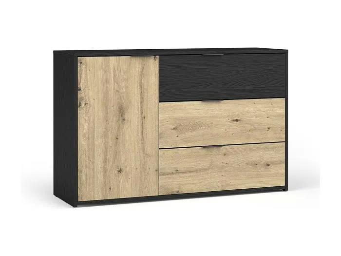 Kommode MELODY - 3 Schubladen und 1 Tür - 139x80x35 cm - Graphitschwarz und helles Eichenholz