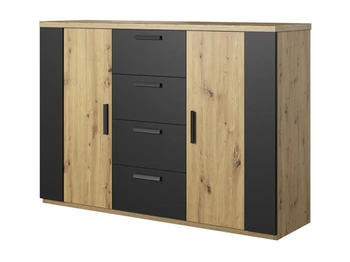 Design-Kommode mit 2 Türen und 4 Schubladen, 130 cm. Kollektion FOX in hellem Eichenholz und Schwarz.