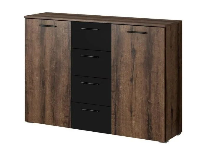 Designer-Kommode mit 2 Türen und 4 Schubladen 130cm. Kollektion EOS in dunkler Eichenfarbe und Schwarz.