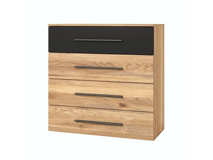 Modernes Design mit 4 großen Schubladen. Kollektion EOS in hellem Eichenfarbton und Schwarz.