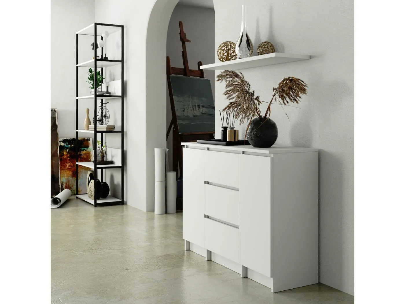 Kommode K100 Weiß 101 cm 2 Türen 3 Schubladen 4 Regalböden B101xH76xT35 cm