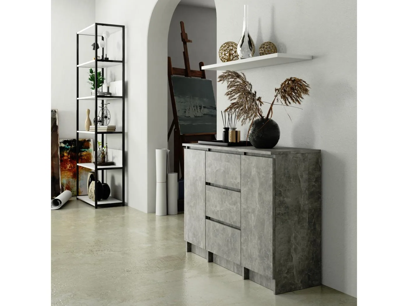 Kommode K100 Beton 101 cm 2 Türen 3 Schubladen 4 Regalböden B101xH76xT35 cm