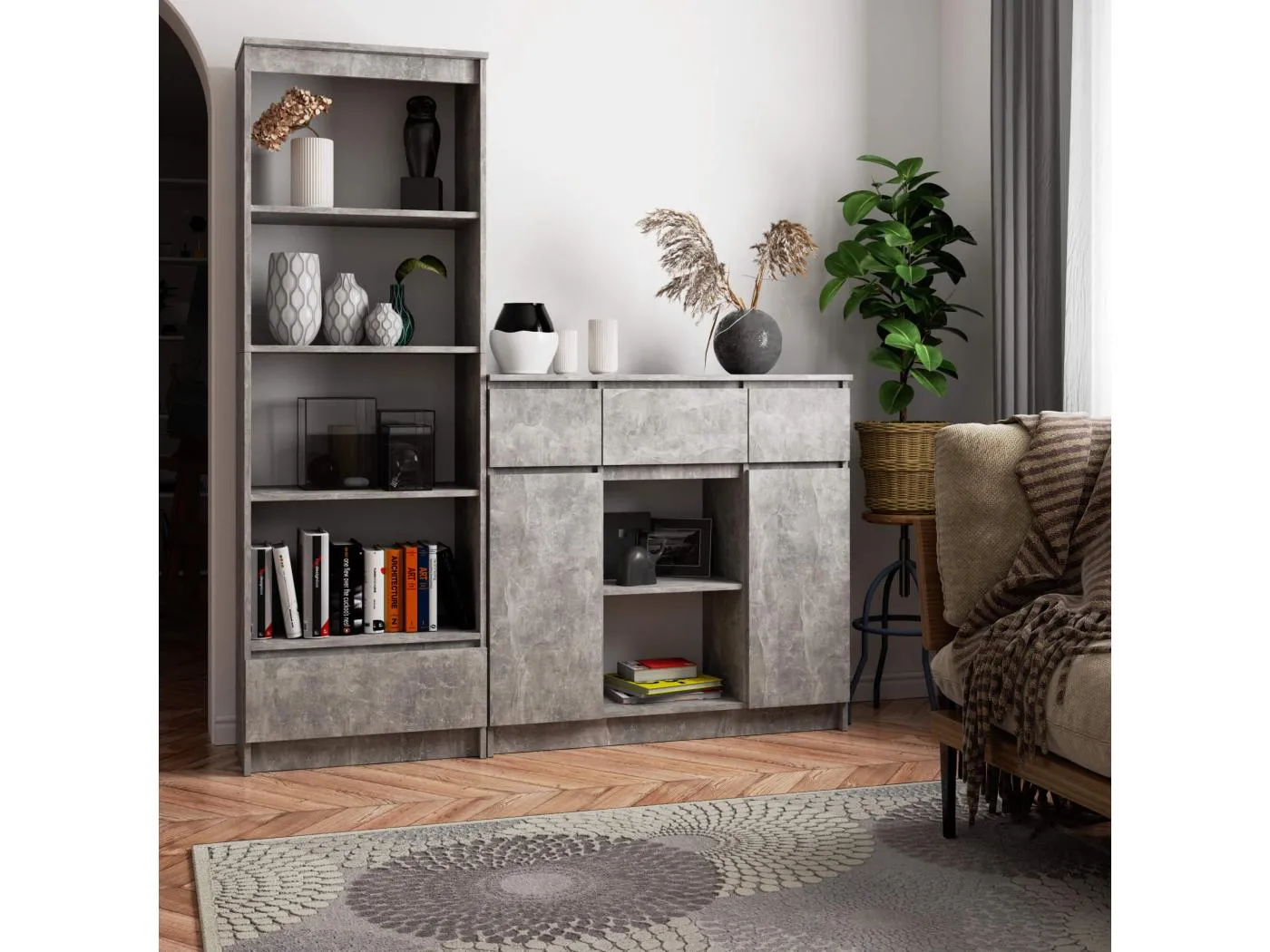 Kommode K100 Beton 101 cm 2 Türen 3 Schubladen 6 Regalböden B101xH98xT35 cm