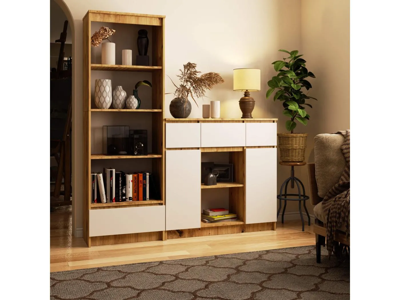 Kommode K100 Artisan Eiche 101 cm 2 Türen 3 Schubladen Front Weiß 6 Regalböden B101xH98xT35 cm