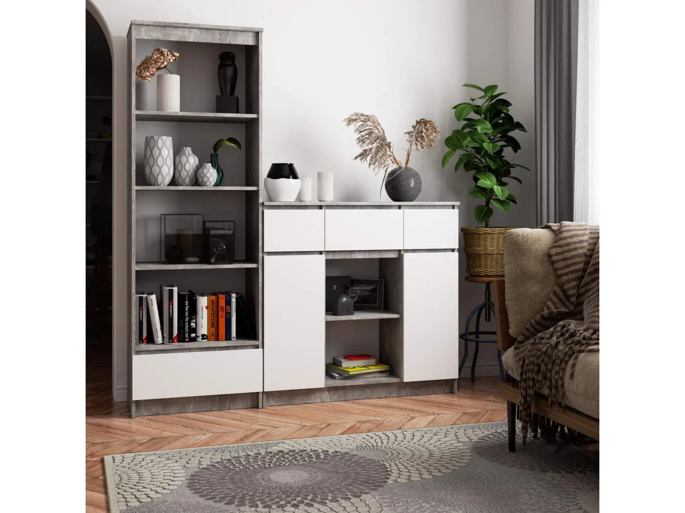 Kommode K100 Beton 101 cm 2 Türen 3 Schubladen Front Weiß 6 Regalböden B101xH98xT35 cm