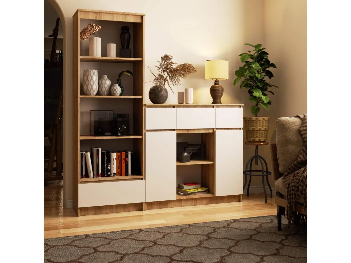 Kommode K100 Sonoma Eiche 101 cm 2 Türen 3 Schubladen Front Weiß 6 Regalböden B101xH98xT35 cm