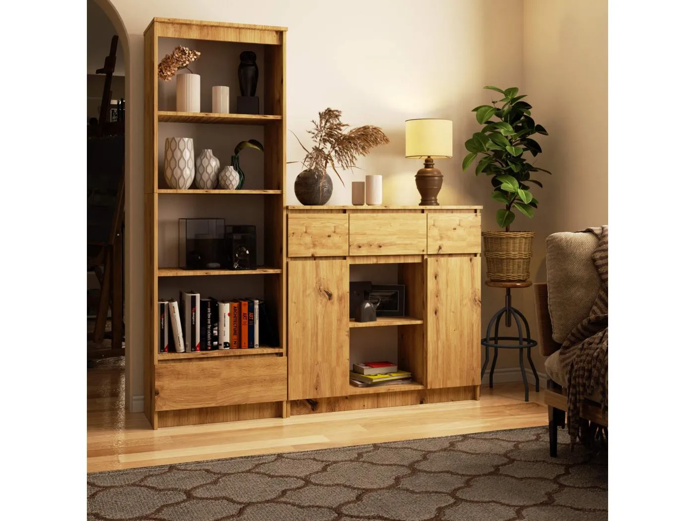 Kommode K100 Artisan Eiche 101 cm 2 Türen 3 Schubladen 6 Regalböden B101xH98xT35 cm