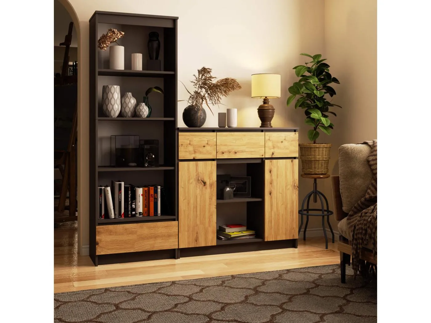 Kommode K100 Graphitgrau 101 cm 2 Türen 3 Schubladen Front Artisan Eiche 6 Regalböden B101xH98xT35 cm