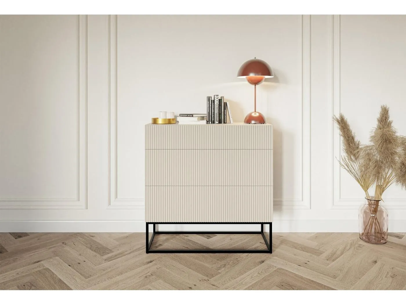 Kommode mit 3 Schubladen - Graubeige mit schwarzem Metallgestell - 90 cm - VELDIO