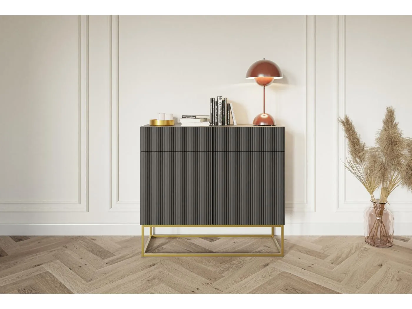 Sideboard 2-türig mit 2 Schubladen - 100 cm - schwarz mit goldenem Metallgestell - VELDIO
