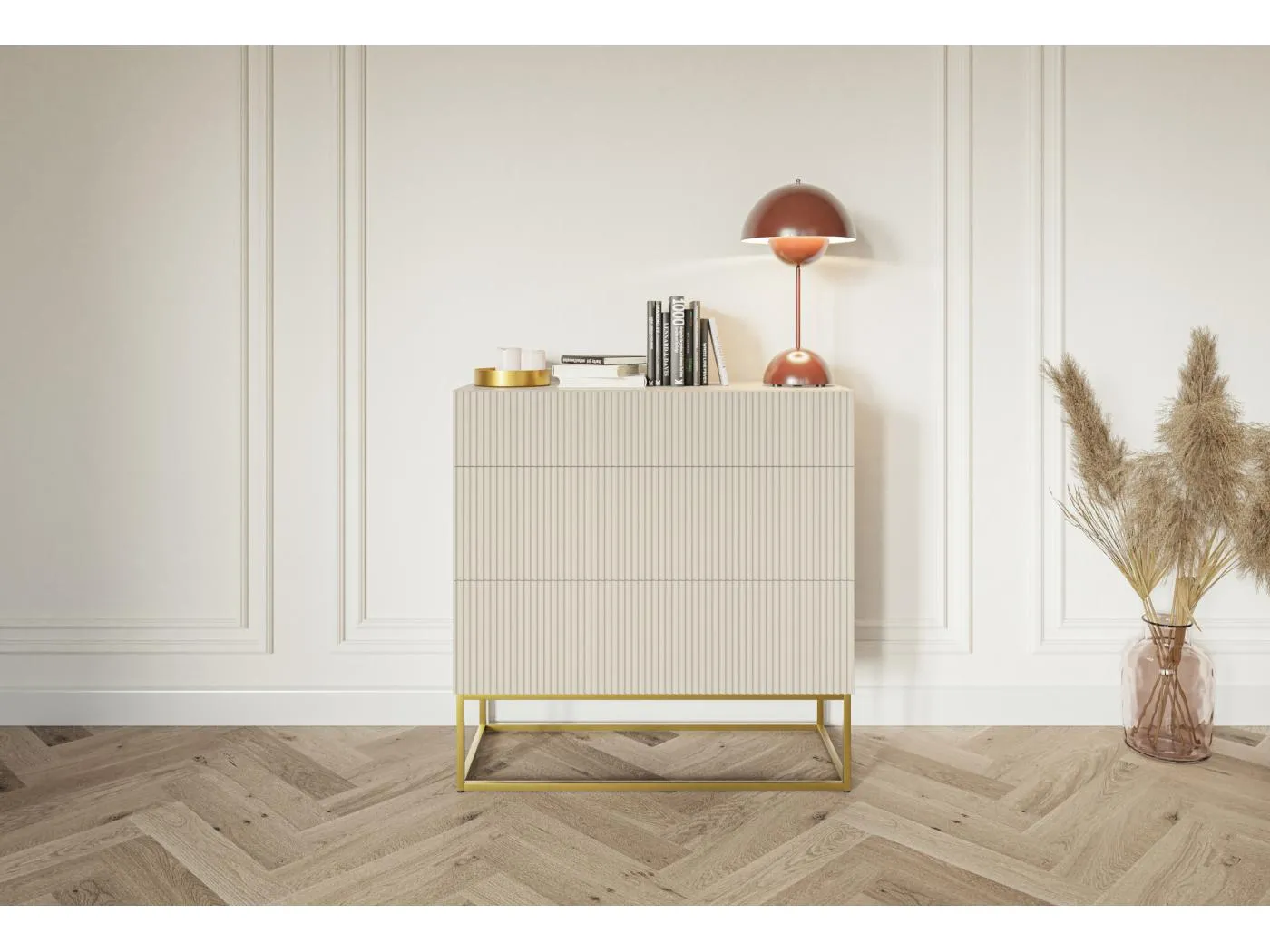 Kommode mit 3 Schubladen - 90 cm - Taupe (Graubeige) mit goldenem Metallgestell - VELDIO