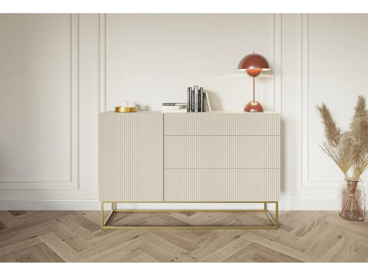 Sideboard Kommode mit 3 Schubladen - 140 cm - Taupe (Graubeige) mit goldenem Metallgestell - VELDIO