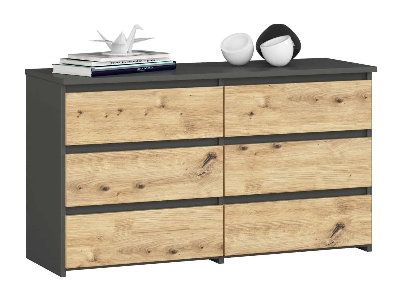 Kommode AKORD CL100 Graphitgrau 100 cm 6 Schubladen Front Eiche Artisan B100 x H57 x T35 cm