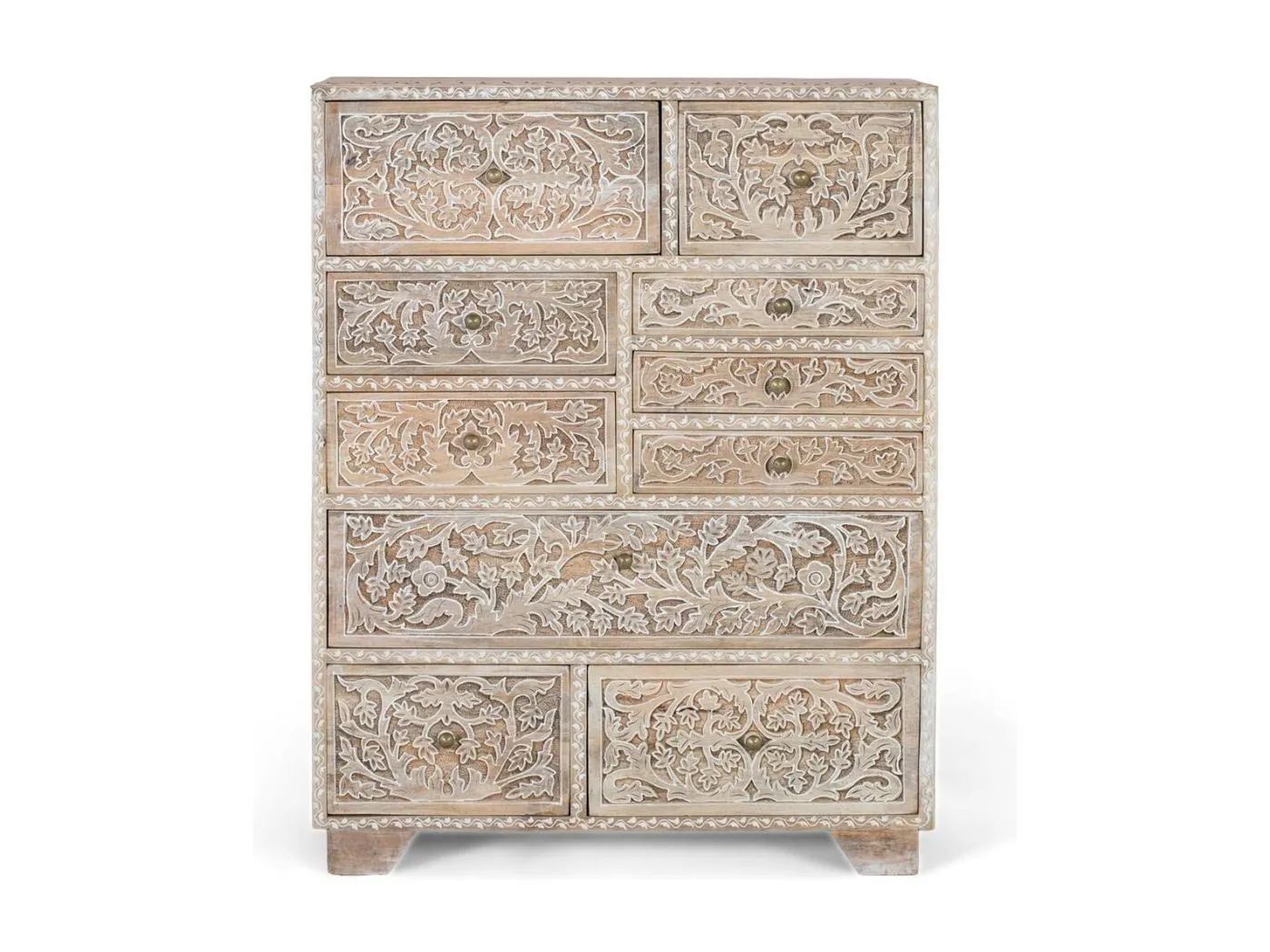 Handgeschnitzte Kommode aus Mangoholz mit zehn Schubladen