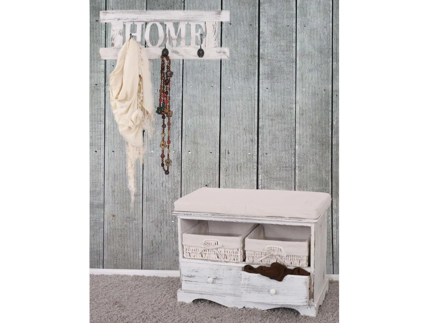 Garderobe mit Sitzbank Shabby (4-teilig), Weiß