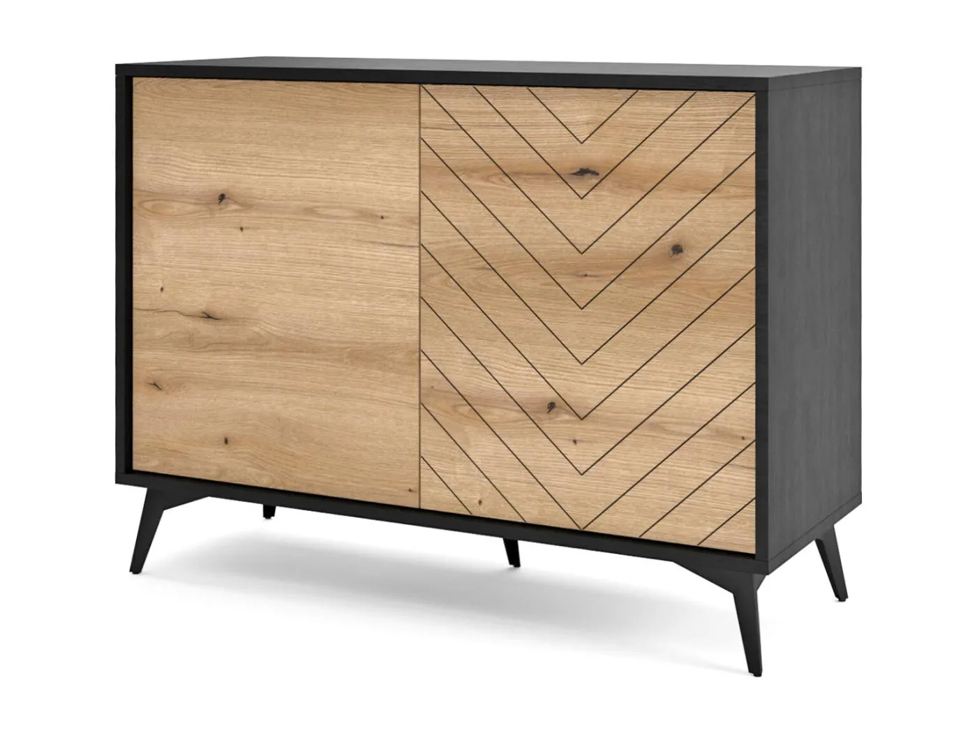 Sideboard 2-türig - 104 cm - Schwarz mit Fischgrätfronten in Eiche - BOULIA