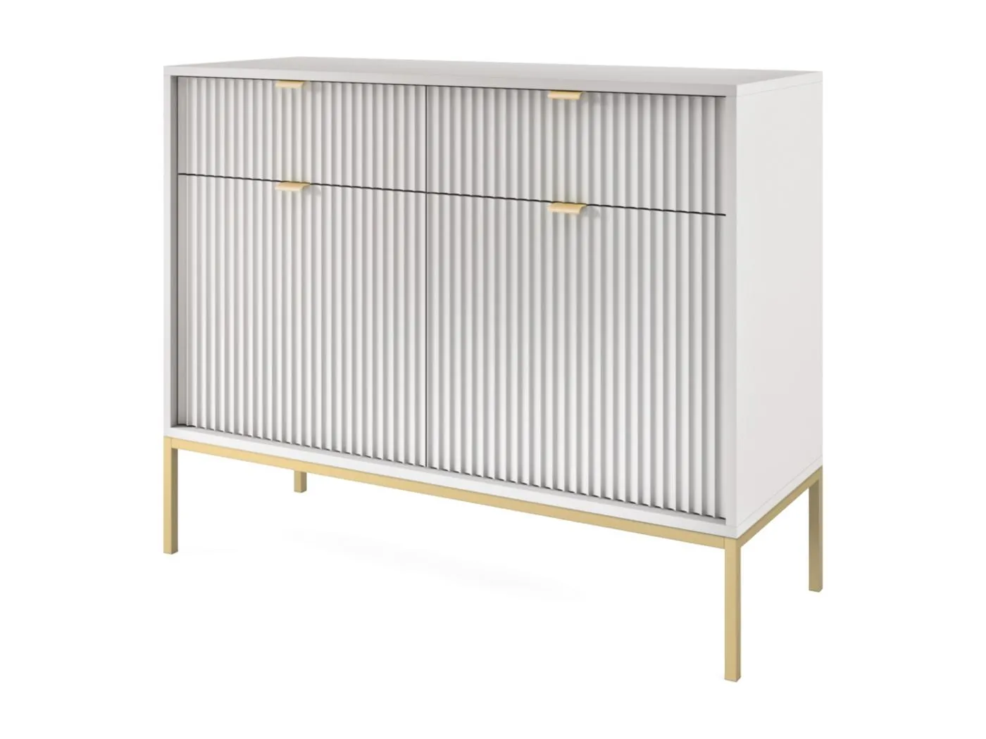 Sideboard Kommode 2-türig - 104 cm - mit 2 Schubladen, Grau mit geriffelten Fronten und goldenen Metallbeinen - VELLORE
