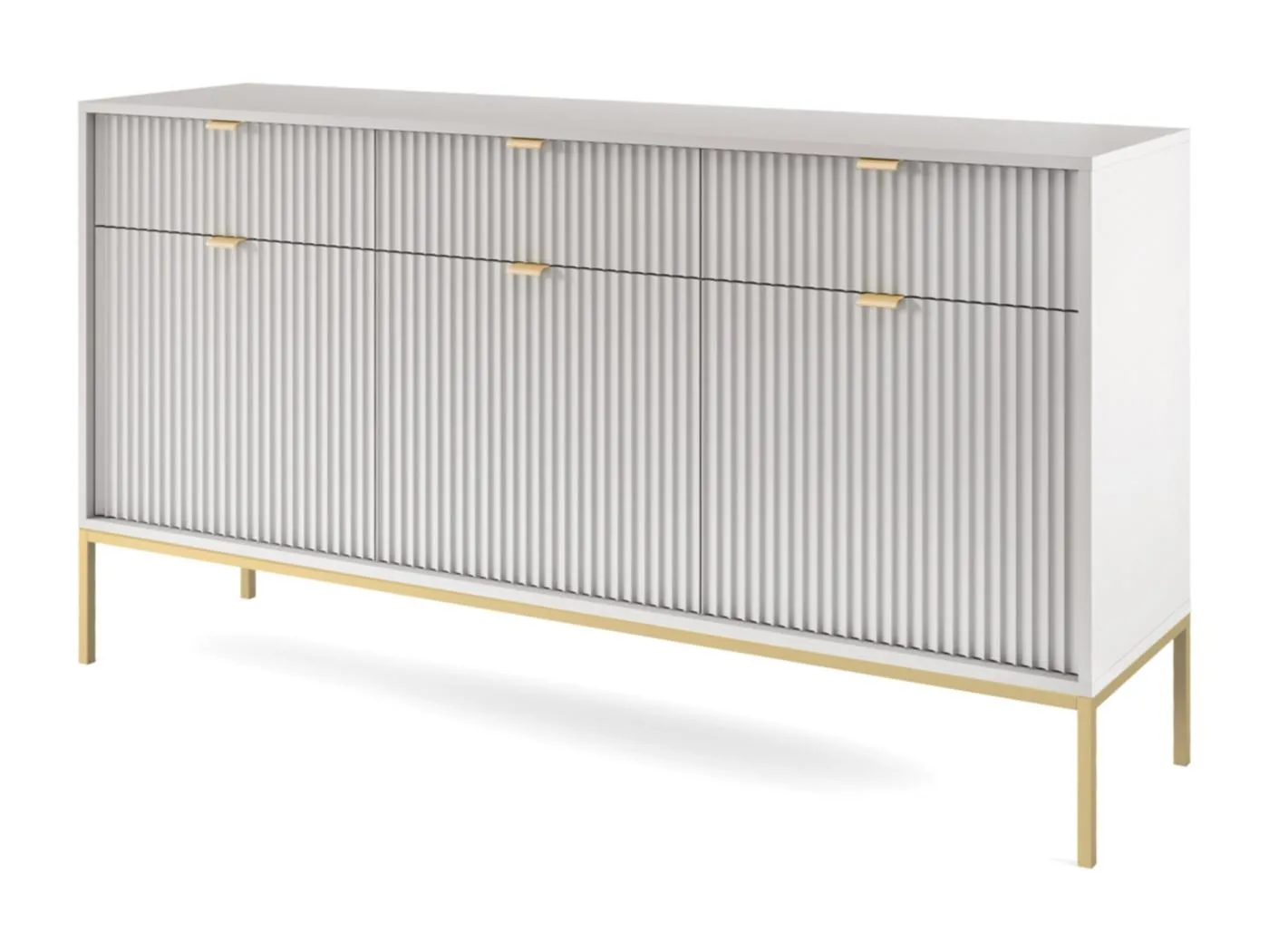 Sideboard Kommode 3-türig mit 3 Schubladen - 154 cm - Grau mit geriffelten Fronten mit goldenen Metallbeinen - VELLORE
