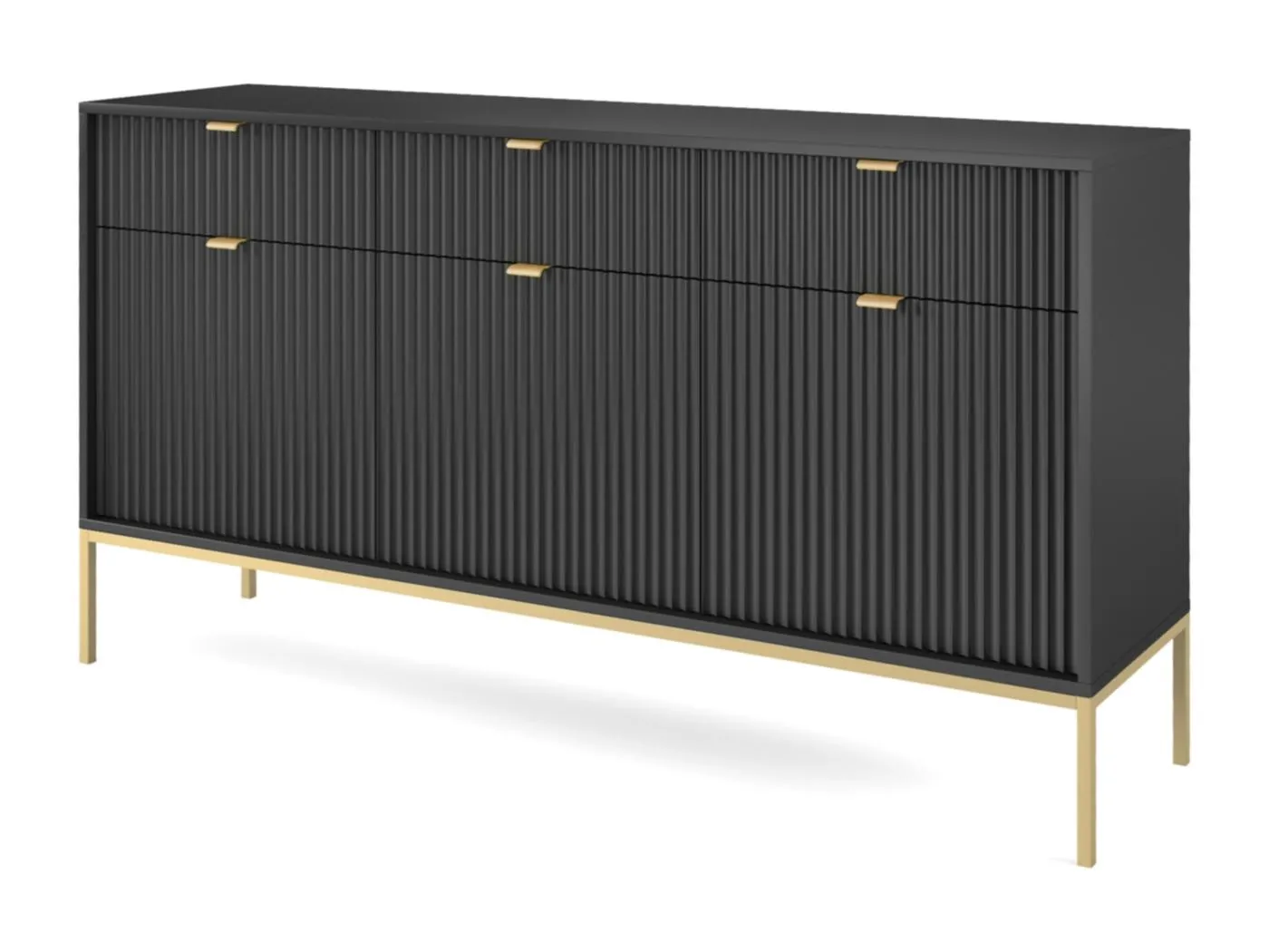 Sideboard Kommode 3-türig - 154 cm -  mit 3 Schubladen, Schwarz mit geriffelten Fronten mit goldenen Metallbeinen - VELLORE