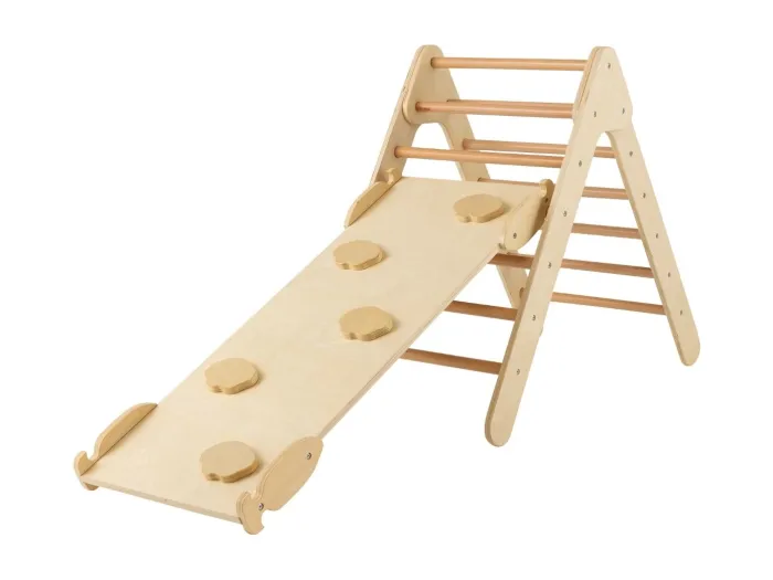 Kindertagesstätte Dreieckiges Klettergerüst aus Holz mit Rampe Natur