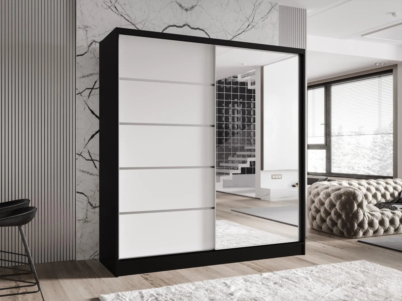 Zweitüriger Schiebeschrank mit Spiegel TORONTO T3 Schwarz/Weiß
