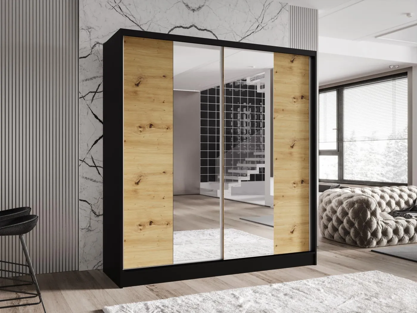 Zweitüriger Schiebeschrank mit Spiegel TORONTO T2 Schwarz/Artisan