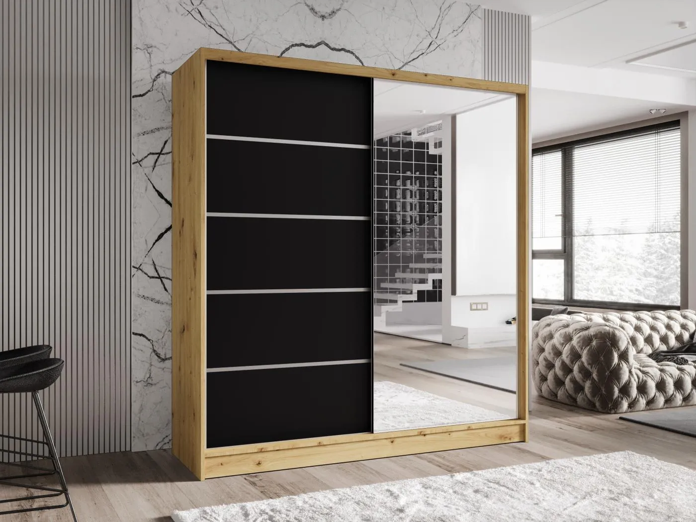 Zweitüriger Schiebeschrank mit Spiegel TORONTO T3 Artisan/Schwarz